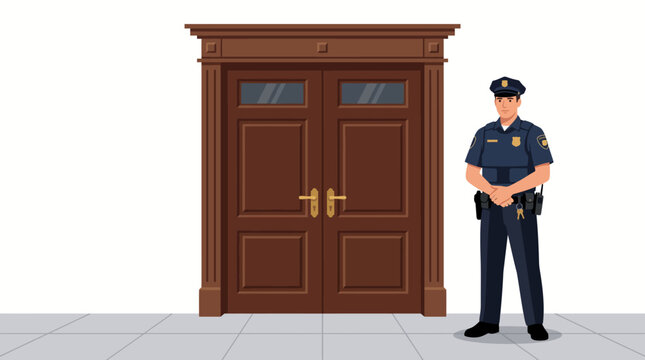Professional Police Officer Standing Guard in Front of Ornate Wooden Double Doors for Security and Law Enforcement Concepts