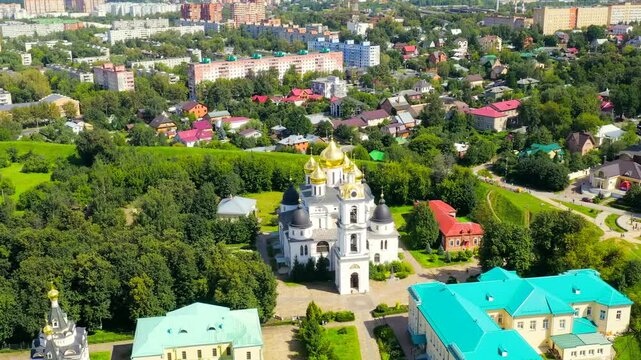 Dmitrov, Russia. Cathedral of the Assumption of the Blessed Virgin Mary - located in the Dmitrov Kremlin. An architectural monument of the early 16th century. Drone footage, Point of interest