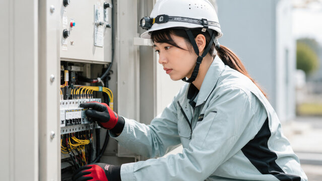 配電盤を点検する女性電気工事士 電気設備の保守・メンテナンス作業