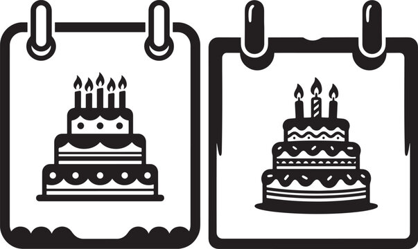 Black silhouette vector icons of calendar pages displaying birthday cake celebration symbol for event scheduling and anniversaries
