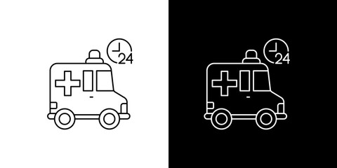 Emergency medical transport service icon, 24-hour availability symbol, depicting an ambulance with a clock © Tifany