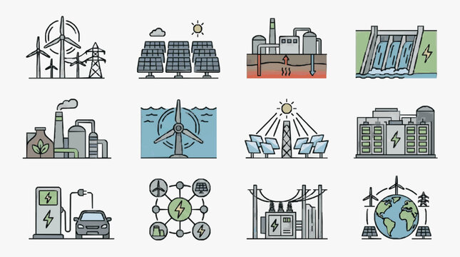 Corporate Set Showcasing Diverse Renewable Energy Sources and Sustainable Power Infrastructure with high quality professional line art symbols for modern creative design and digital branding projects