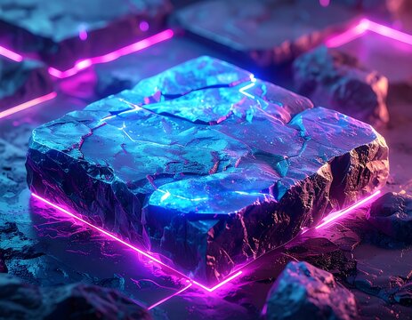 Glowing Neon Rock Formation Closeup.