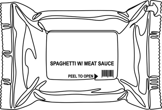 Black and white line drawing of a packaged spaghetti with meat sauce meal.