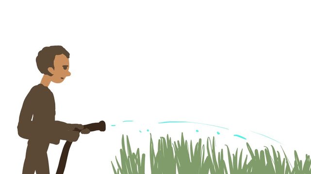 A gardener or horticulturist waters a vegetable garden or lawn with a hose.