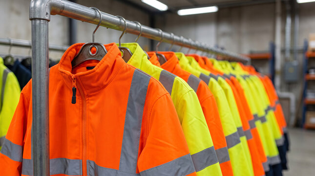 Vestes haute visibilit&eacute; suspendues dans un vestiaire professionnel