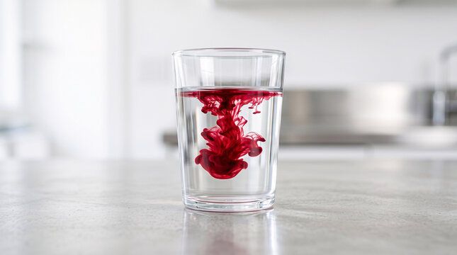 Encre rouge se diffusant dans un verre d&rsquo;eau transparent