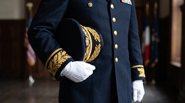 D&eacute;tail d&rsquo;un uniforme de c&eacute;r&eacute;monie avec broderies dor&eacute;es et gants blancs