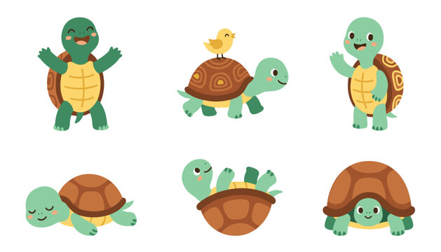 Cute turtle character set with funny cartoon tortoises in different poses waving sleeping walking and sitting vector illustration.