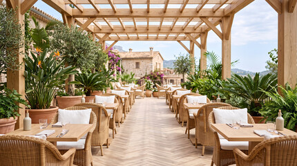 Fototapeta premium Terrasse de restaurant élégante sous une pergola végétalisée