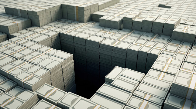 Piles de billets formant un labyrinthe financier en vue a&eacute;rienne