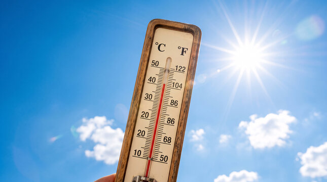 Thermom&egrave;tre indiquant une temp&eacute;rature &eacute;lev&eacute;e sous un soleil intense