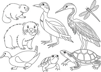 Naklejka premium Cute black and white wildlife animals coloring page illustration transparent background