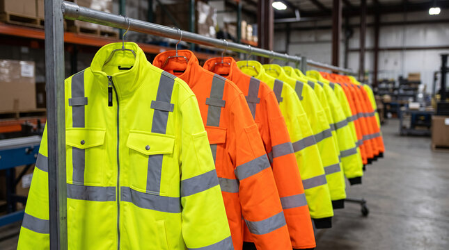 Vestes de s&eacute;curit&eacute; haute visibilit&eacute; suspendues dans un entrep&ocirc;t
