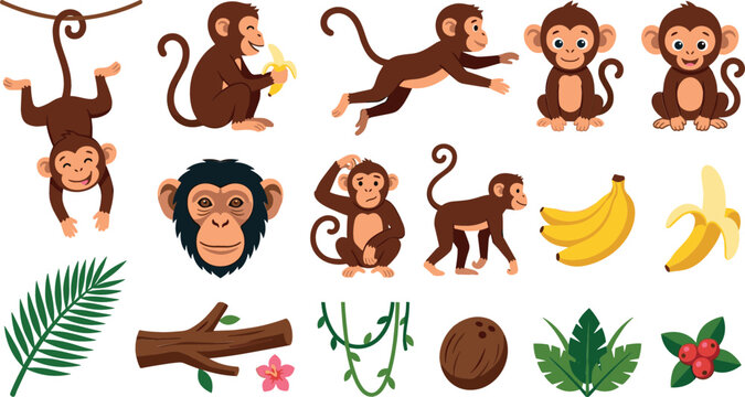 Cute jungle monkey cartoon vector character set featuring happy monkeys hanging eating banana running jumping chimpanzee head jungle leaves and vines isolated