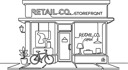 Fototapeta premium Continuous single line drawing of a small retail store front with a bicycle.