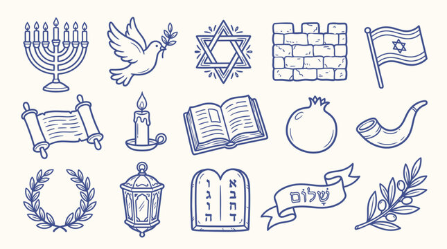 Collection of Hand-Drawn Jewish Symbols and Icons Representing Culture and Religion.
