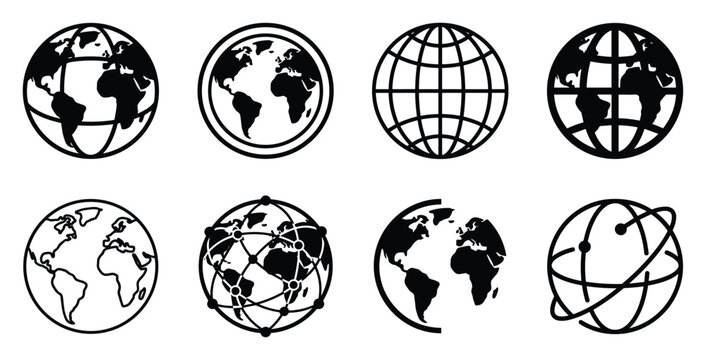 Minimalist globe icon variations set, premium vector line art bundle for digital marketing, clean geometric horizontal globes graphic designs for creative branding projects isolated on white