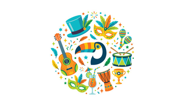 PrintColorful Brazilian carnival vector background with toucan bird, masquerade masks, acoustic guitar, drums, maracas, cocktail, and festival decorations.