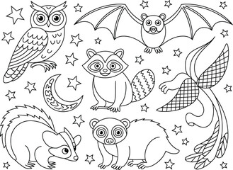 Fototapeta premium Cute nocturnal animals coloring page featuring stars and moon