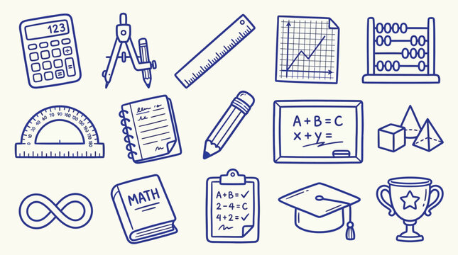 Collection of hand-drawn math and education icons on a light background, representing learning and study.