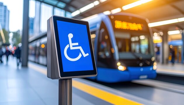 Accessible electronic screen displaying wheelchair symbol near a train