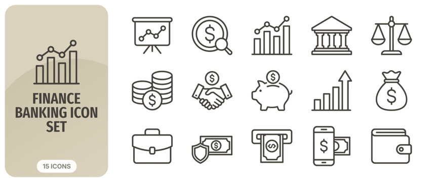 Finance and banking icon set, vector illustration of business and money symbols, financial management, investment, and banking services icons