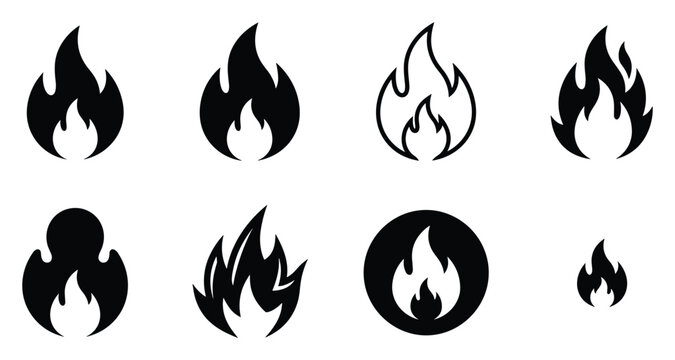 Minimalist flame icon variations set, premium vector line art bundle for digital marketing, clean geometric horizontal flames graphic designs for creative branding projects isolated on white