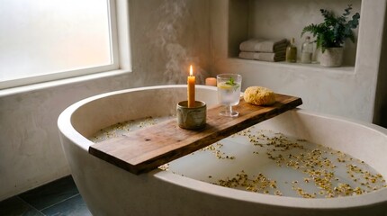 Fototapeta premium Bathtub with Bath Salts and Flowers for Relaxation