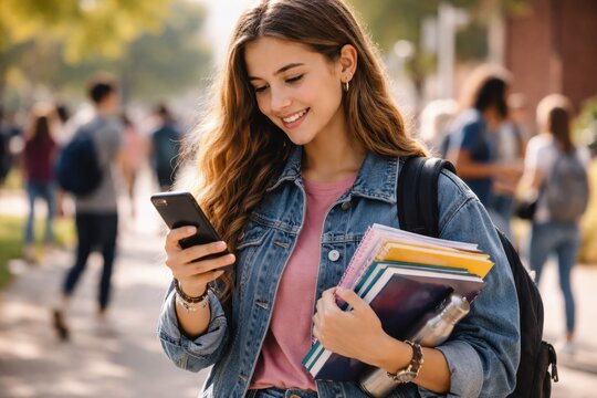 Smiling college student using smartphone while carrying books on campus during a bright study day