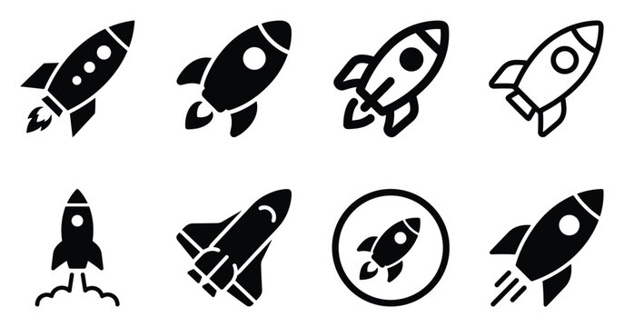 Minimalist rocket icon variations set, premium vector line art bundle for digital marketing, clean geometric horizontal rockets graphic designs for creative branding projects isolated on whi