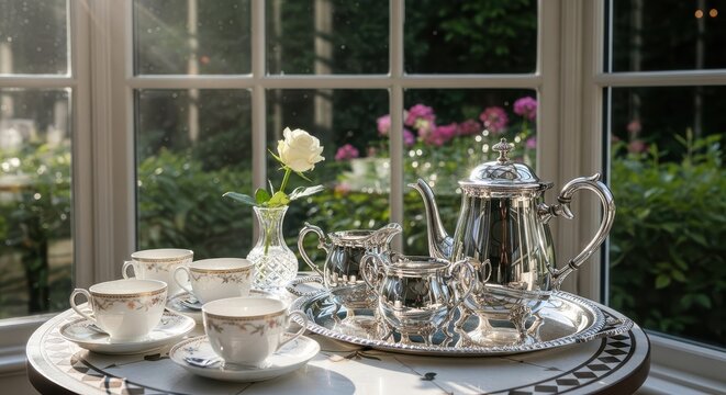 Gleaming Silver Tea Set with Rose by Window Overlooking Garden