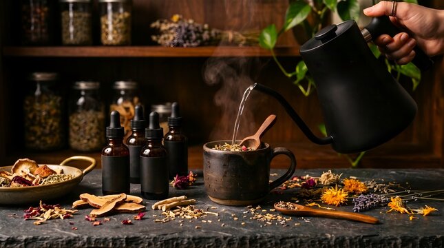 Herbal Tea Brewing with Apothecary Bottles and Herbs