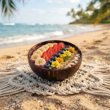 a fresh acai berry smoothie bowl inside a dark coconut shell, placed on a natural woven macrame placemat on a sandy tropical beach. The purple smoothie surface is meticulously arranged with neat paral
