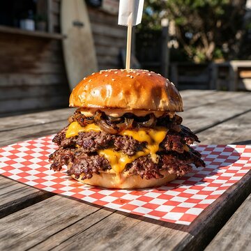  gourmet smash burger resting on a sheet of checkered deli paper on an outdoor picnic table at a coastal surf shack resort. The burger features two lacy, crispy-edged beef patties, melted dripping Ame