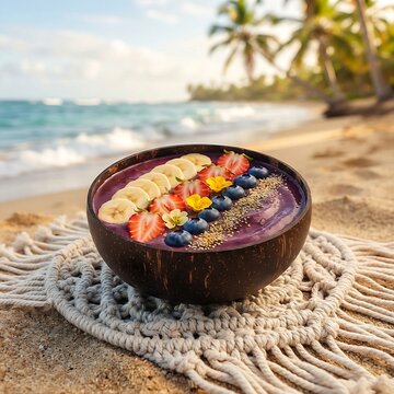 a fresh acai berry smoothie bowl inside a dark coconut shell, placed on a natural woven macrame placemat on a sandy tropical beach. The purple smoothie surface is meticulously arranged with neat paral