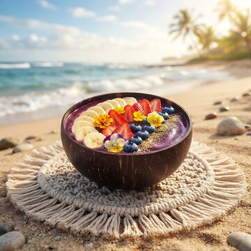 a fresh acai berry smoothie bowl inside a dark coconut shell, placed on a natural woven macrame placemat on a sandy tropical beach. The purple smoothie surface is meticulously arranged with neat paral