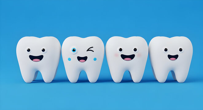 White teeth characters with cute faces and happy expressions standing in a row against a solid blue background illustration