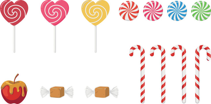 PrintSweet Christmas Candy and Treats Vector Set with Heart Lollipops Candy Canes Caramel Apple and Peppermint Swirls for Holiday Designs