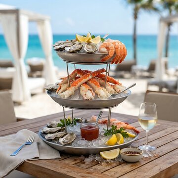 luxury seafood tower ice platter at an upscale beachfront restaurant resort. The tower is beautifully layered with fresh half-shell oysters glistening with lemon juice, chilled jumbo shrimp, king cra