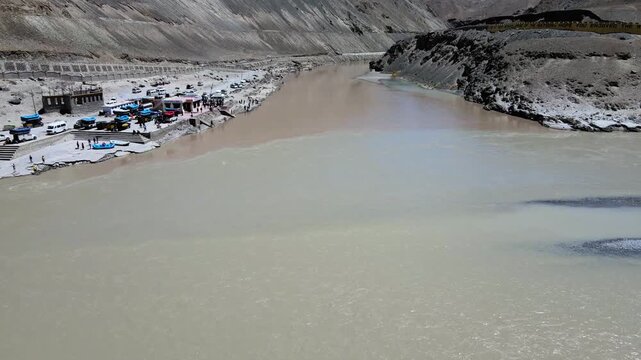 Sangam Point Ladakh Drone View Indus Zanskar Confluence Aerial View Sangam Point Aerial Photography