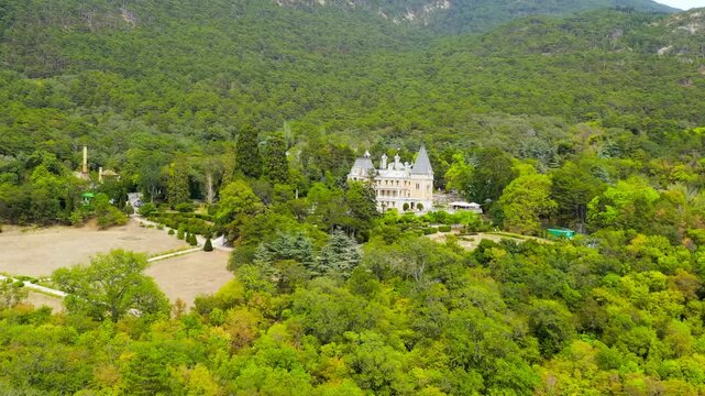 Masandra, Crimea. The Massandra Palace of Emperor Alexander III is located in the Upper Massandra on the southern coast of Crimea. Founding date XIX century. Drone footage