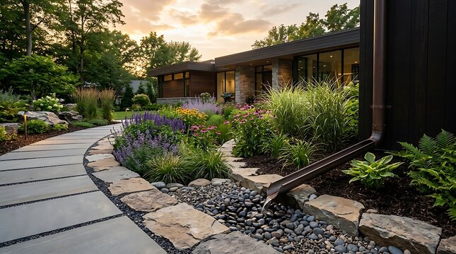 Modern house with stone path and lush garden landscape at sunset. downspout garden