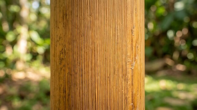 Close up view of a weathered wooden post with natural texture in a sunny forest. ultra fine striations