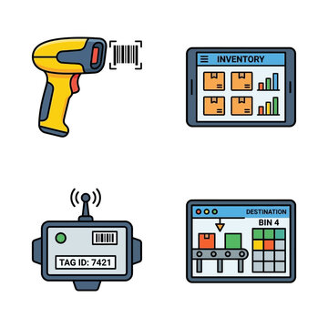 Warehouse Logistics Icons: Scanner, Inventory, RFID Tag, Conveyor Belt