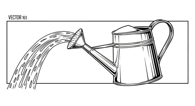 Watering Can Pouring Water - Line Art Illustration