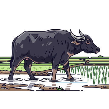 Water Buffalo Walking in Rice Paddy Field, Agricultural Livestock