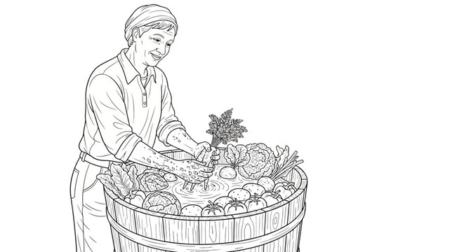 Woman Washing Fresh Organic Vegetables in Wooden Barrel, Healthy Eating Concept