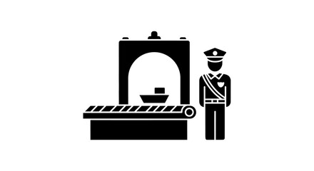 Security officer stands next to an airport scanner machine to monitor luggage and passenger safety. © berkah