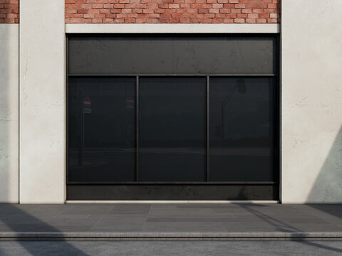 Modern storefront display with black glass windows mockup and brick facade